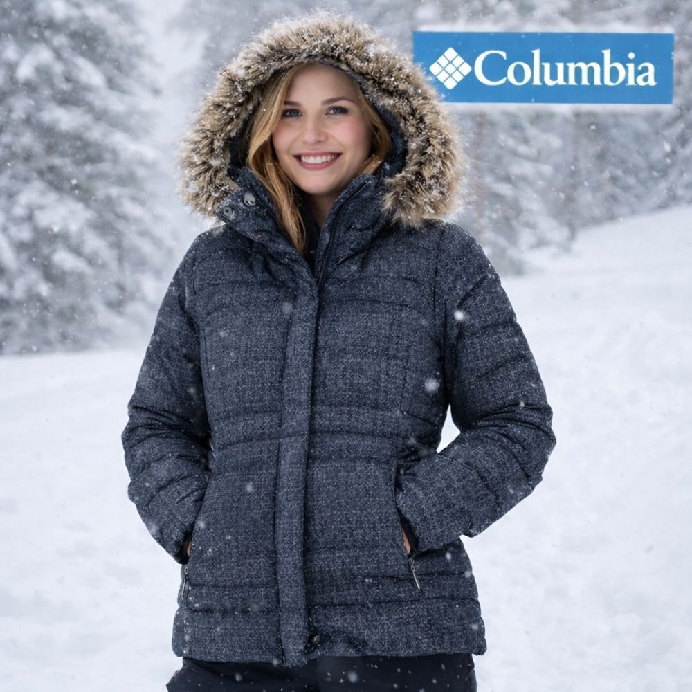 Hardly Worn! Columbia Down Gray Puffer Jacket Detachable Faux Fur Hood Size Med